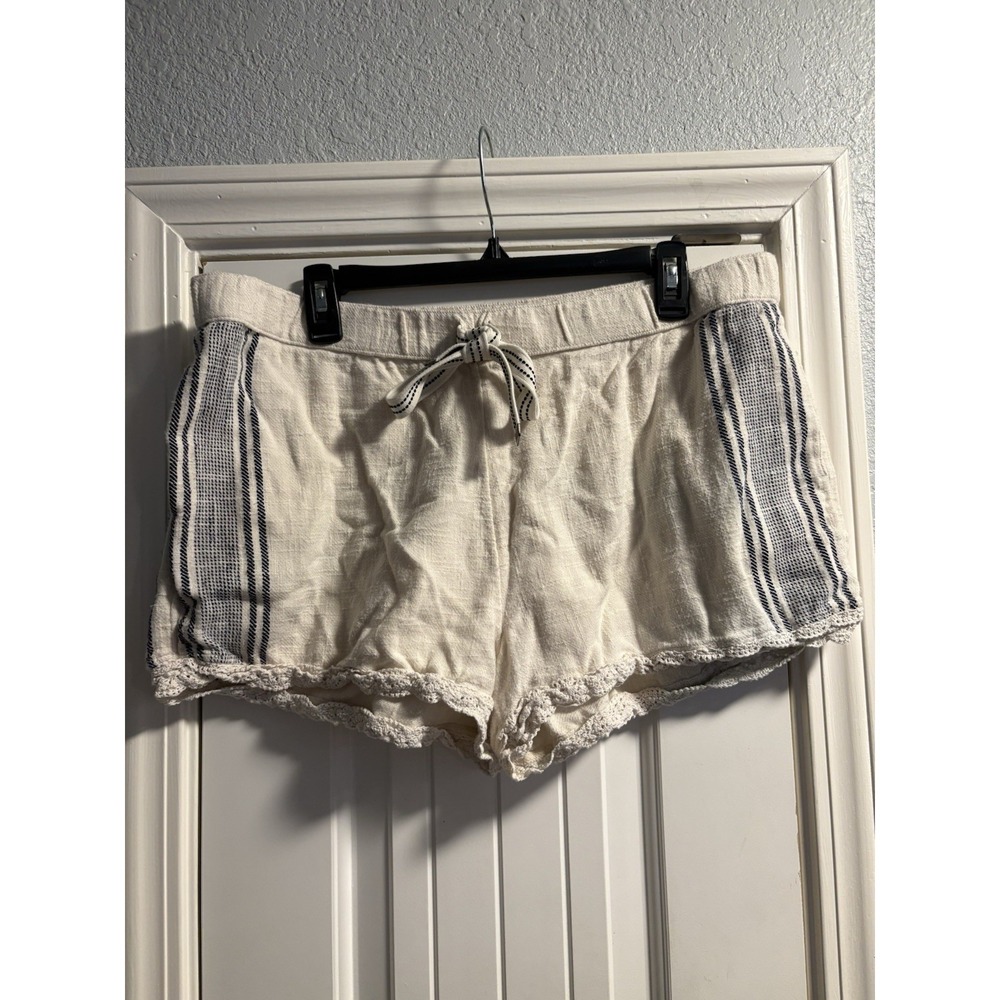 Aerie Shorts Women XL Cream Navy Blue Striped Crochet Lace Trim Cotton Casual